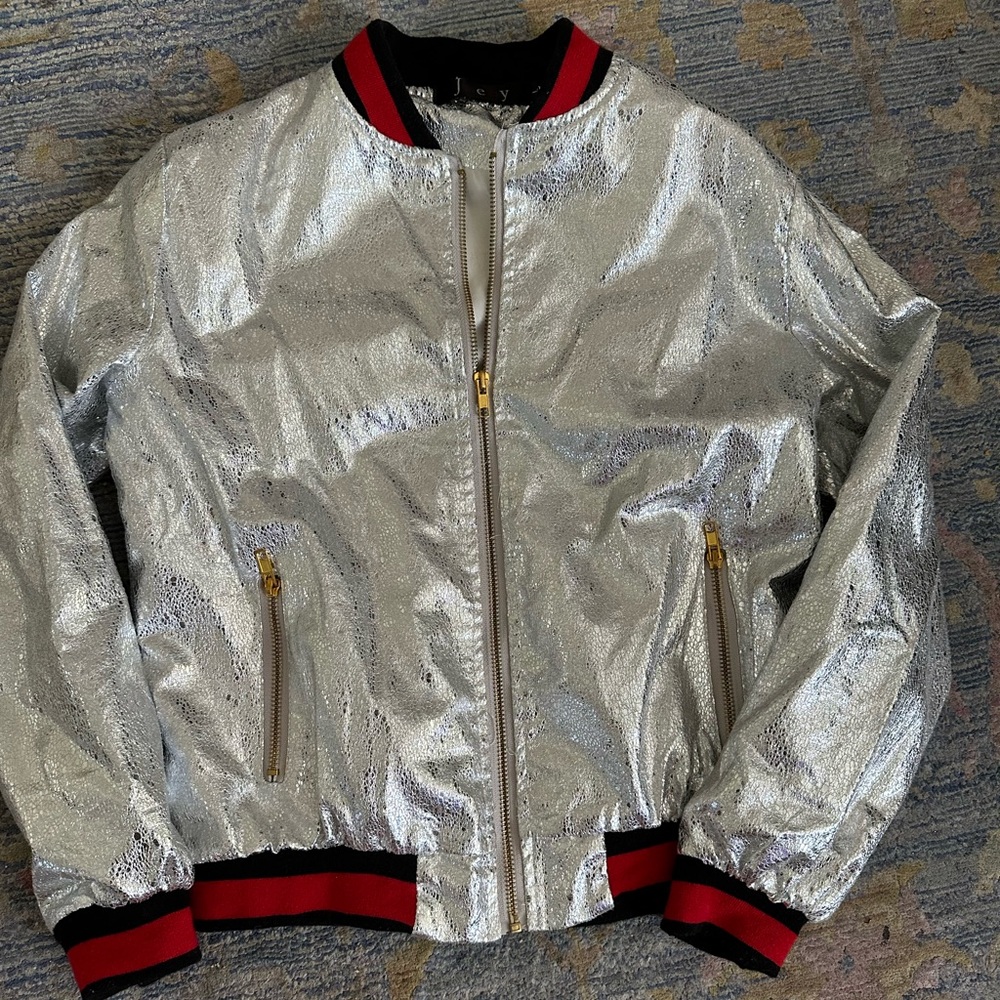 Women’s large metallic silver bomber jacket